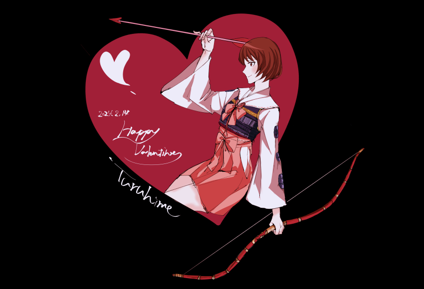 1girl absurdres arrow_(projectile) black_background bow_(weapon) brown_eyes brown_hair character_name cropped_legs dated english_text happy_valentine heart highres holding holding_arrow holding_bow_(weapon) holding_weapon japanese_clothes long_sleeves sailor_collar sakae_(user_caxw2438) sengoku_basara short_hair simple_background smile solo tsuruhime_(sengoku_basara) weapon white_sailor_collar wide_sleeves