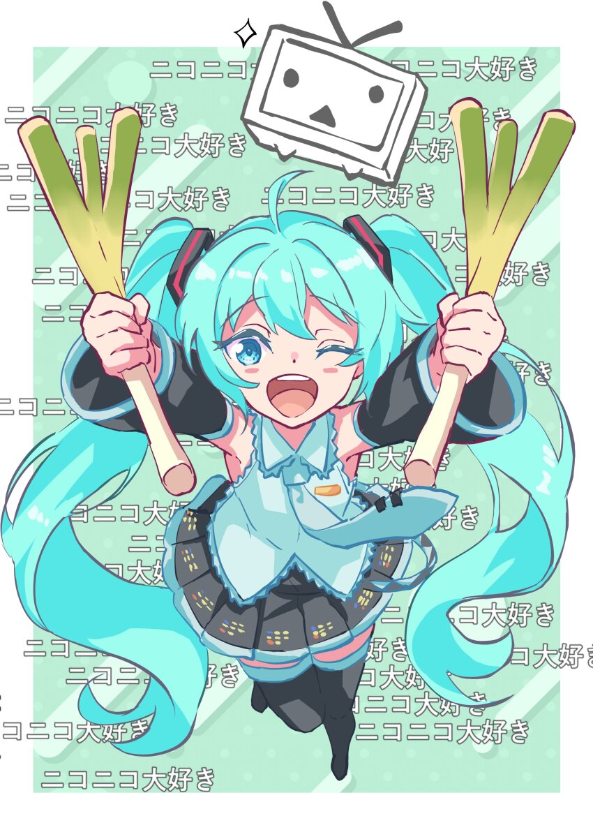 1girl absurdres ahoge arms_up black_footwear black_skirt black_sleeves blue_eyes blue_hair blue_necktie blue_shirt blush_stickers boots collared_shirt commentary danmaku_comments detached_sleeves 2024_niconico_cyberattack dual_wielding full_body hatsune_miku highres holding long_hair long_sleeves looking_at_viewer medium_bangs miniskirt necktie niconico no_renor_en one_eye_closed open_mouth pleated_skirt round_teeth shirt skirt smile solo sparkle teeth television terebi-chan thigh_boots translated twintails upper_teeth_only very_long_hair vocaloid