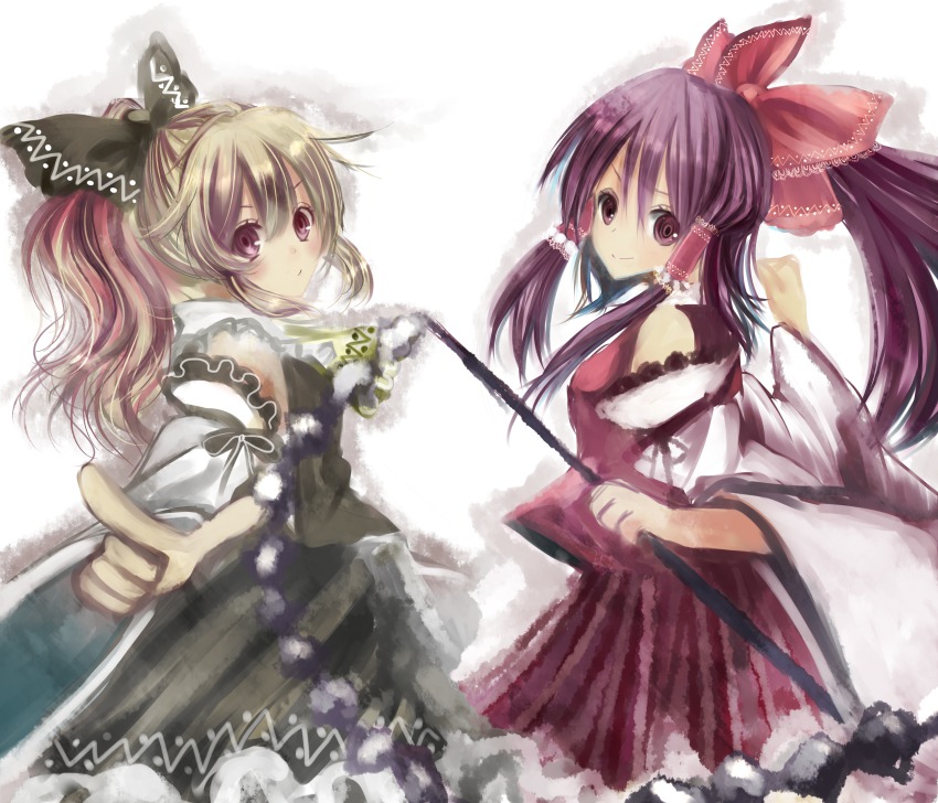 2girls alternate_hairstyle blonde_hair bow brown_hair cosplay detached_sleeves female_focus gohei hair_bow hakurei_reimu hakurei_reimu_(cosplay) highres japanese_clothes kirisame_marisa kurekore long_hair looking_at_viewer miko multiple_girls painting_(medium) smile touhou traditional_media watercolor_(medium)