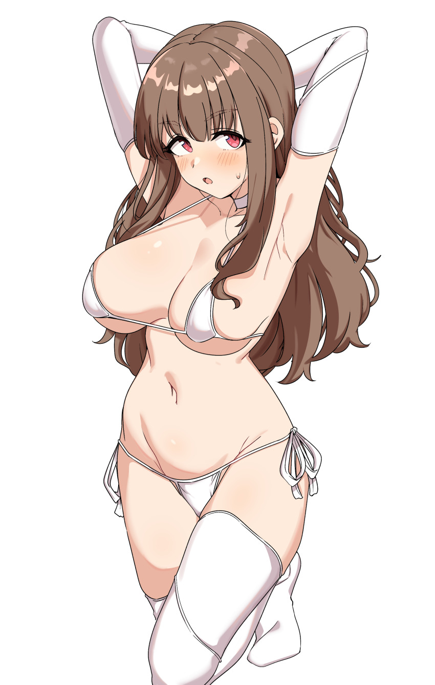 1girl :o absurdres armpits arms_up bikini breasts brown_hair choker cleavage elbow_gloves gloves highres idolmaster idolmaster_cinderella_girls kamiya_nao large_breasts long_hair looking_at_viewer micro_bikini navel open_mouth red_eyes seihekiog side-tie_bikini_bottom simple_background solo stomach swimsuit thighhighs thighs underboob white_background white_bikini white_choker white_gloves white_thighhighs