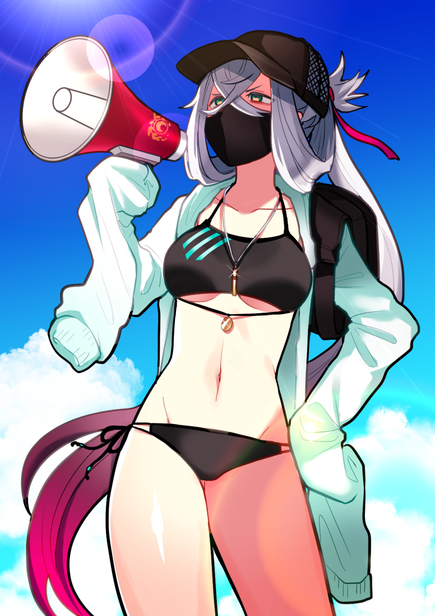 1girl asclepius_(fate) baseball_cap bikini black_bikini black_hat black_mask blue_sky breasts cloud collarbone crossed_bangs cumulonimbus_cloud day fate/grand_order fate_(series) genderswap genderswap_(mtf) gradient_hair grey_hair hat highres holding holding_megaphone jacket kinakotatu long_hair megaphone multicolored_hair outdoors side-tie_bikini_bottom sky sleeves_past_fingers sleeves_past_wrists solo swimsuit underboob white_jacket