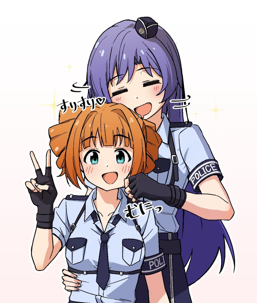 2girls =_= aqua_eyes armband bakawahitori black_gloves blue_armband blue_hair blue_necktie blue_skirt blunt_bangs blush breast_pocket breasts chest_harness collarbone concept_police_(idolmaster) curtained_hair dot_nose drooling fingerless_gloves flat_chest gloves gradient_background hand_on_another&#039;s_cheek hand_on_another&#039;s_face hand_on_another&#039;s_waist happy harness highres idolmaster idolmaster_(classic) idolmaster_million_live! idolmaster_million_live!_theater_days kisaragi_chihaya long_hair motion_lines multiple_girls necktie official_alternate_costume open_collar orange_hair parted_bangs pink_background pocket satisfied short_sleeves shoulder_boards sidelocks simple_background skirt small_breasts smile sparkle straight_hair takatsuki_yayoi translation_request twintails upper_body v very_long_hair wavy_hair zipper