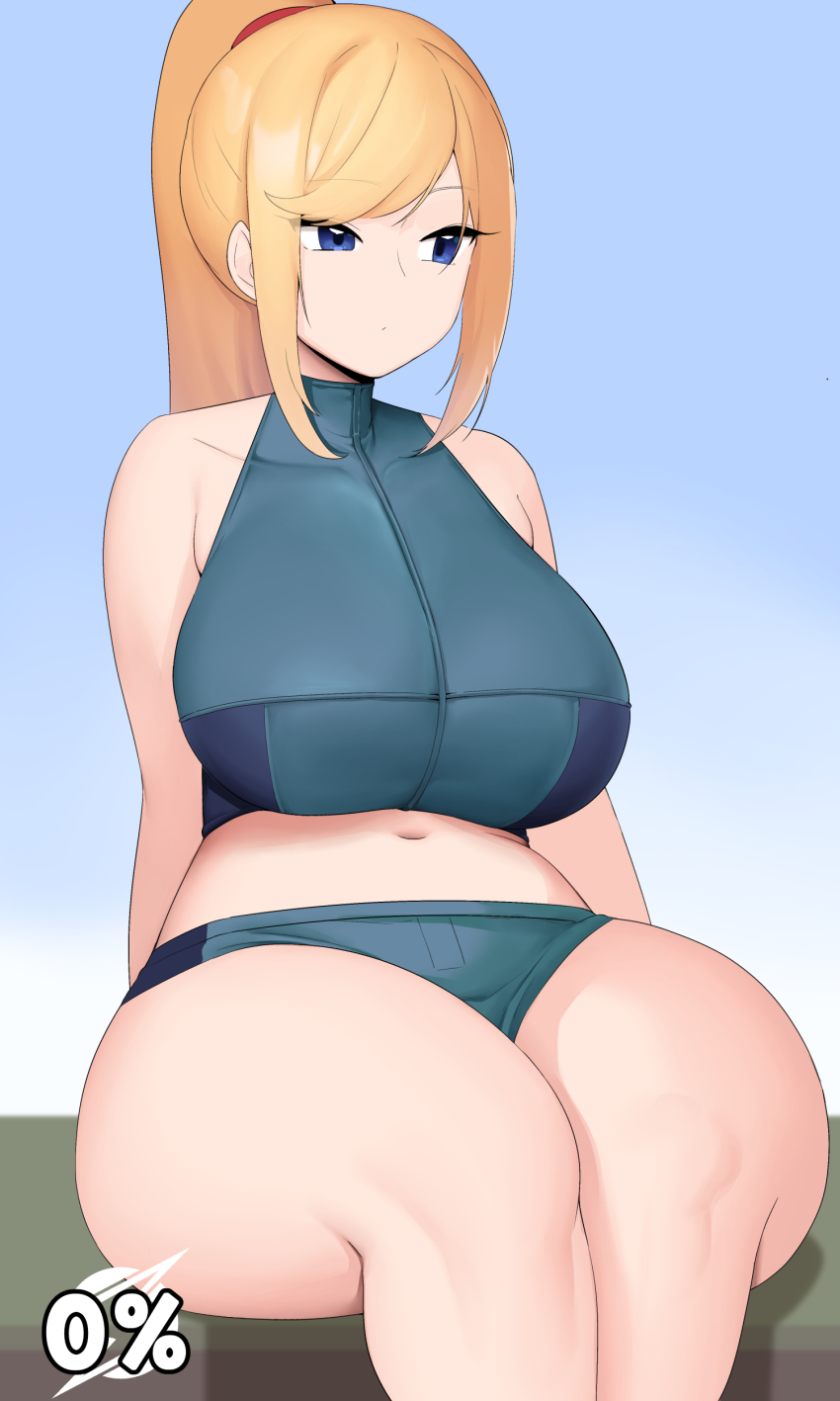 1girl absurdres blonde_hair blue_eyes breasts gameplay_mechanics highres large_breasts looking_away metroid metroid_fusion moebell nintendo samus_aran sitting solo super_smash_bros. tank_top thick_thighs thighs