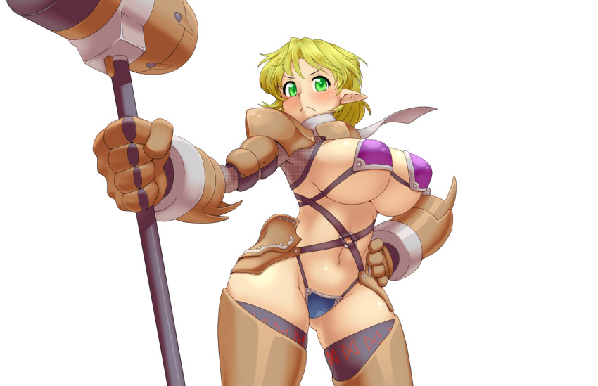 1girl alternate_breast_size alternate_costume bikini black_thighhighs blonde_hair blue_bikini blush breasts closed_mouth commentary_request cowboy_shot d.koutya frown gauntlets green_eyes hammer hand_on_own_hip holding holding_hammer large_breasts leg_armor looking_at_viewer mismatched_bikini mizuhashi_parsee navel pointy_ears purple_bikini reverse_bikini_armor reverse_outfit short_hair simple_background solo swimsuit thighhighs touhou transparent_background