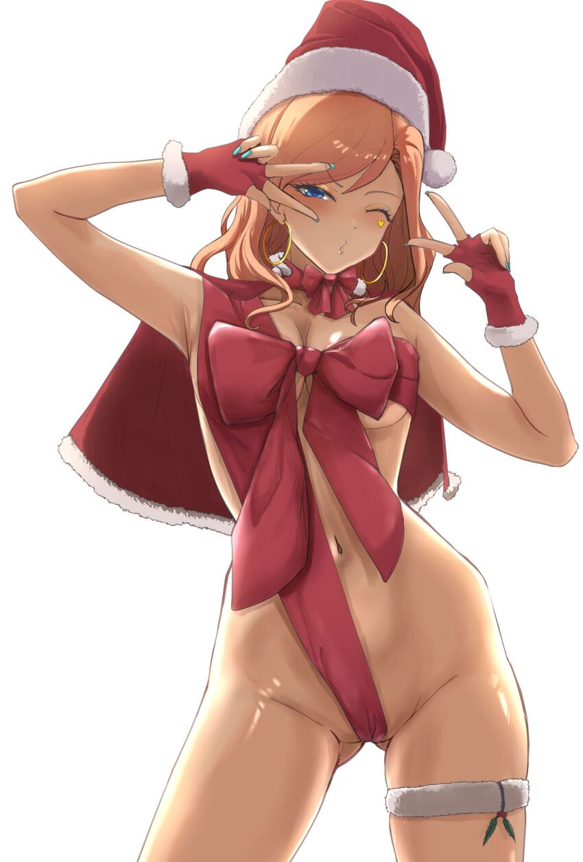 1girl alice_gear_aegis aqua_nails armpits arms_up blue_eyes bow bow_choker breasts choker christmas cleavage double_v earrings fingerless_gloves gloves gluteal_fold gyaru hat heart_sticker hoop_earrings hyotenka_ichido jewelry lips long_hair medium_breasts mistletoe naked_ribbon navel one_eye_closed orange_hair red_gloves ribbon santa_capelet santa_gloves santa_hat solo standing tan thigh_strap v white_background wink yorozuba_meika