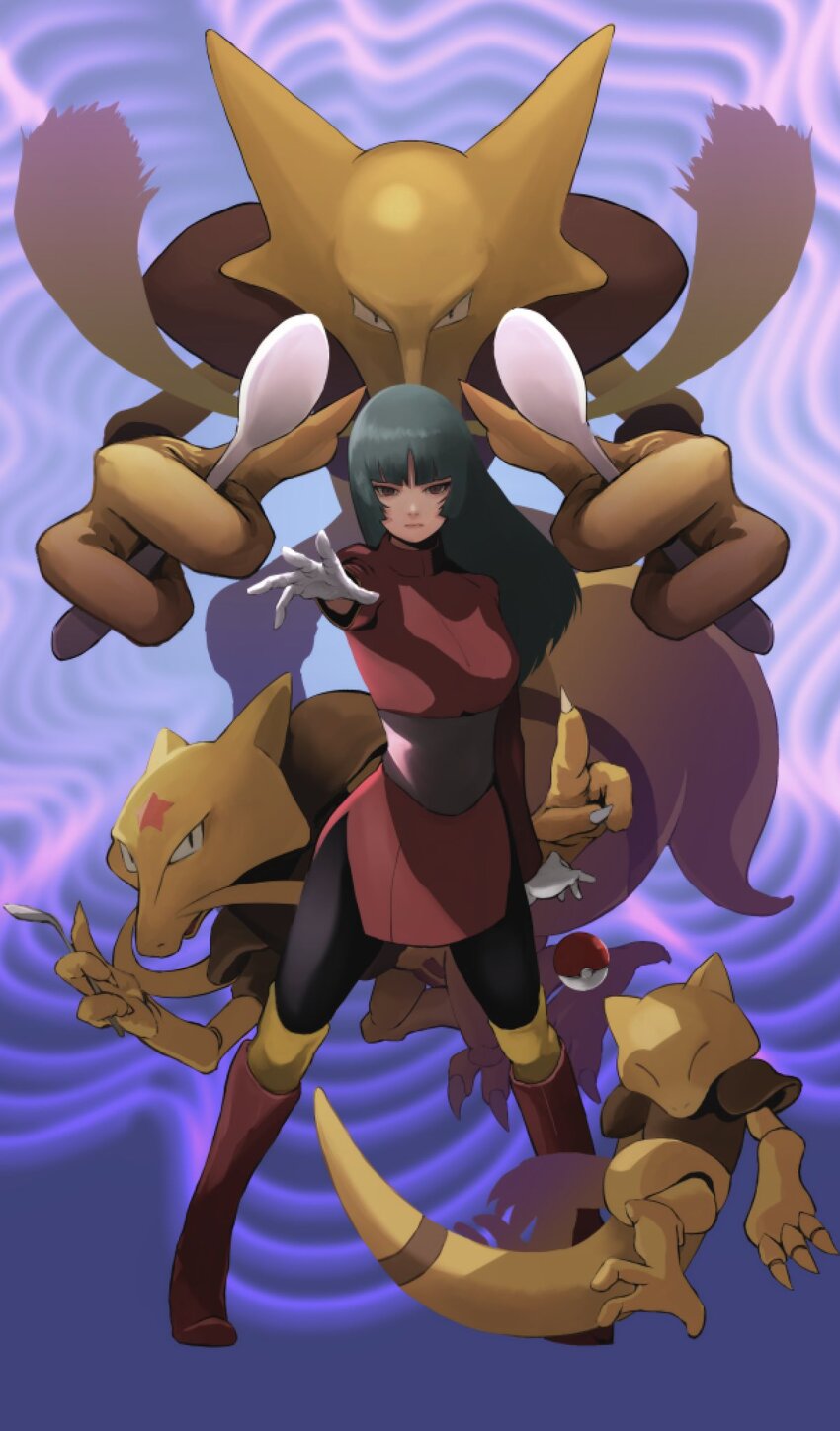 1girl abra alakazam black_hair breasts closed_mouth creatures_(company) full_body game_freak gauss_&lt;bokashi gen_1_pokemon gloves highres holding holding_spoon kadabra long_hair long_sleeves looking_at_viewer nintendo pantyhose poke_ball poke_ball_(basic) pokemon pokemon_(creature) pokemon_frlg redrawn sabrina_(pokemon) side_slit skirt spoon standing white_gloves