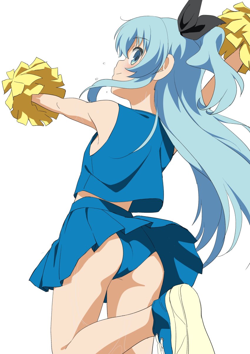 1girl absurdres arm_up bare_arms black_ribbon blue_eyes blue_hair blue_panties blue_shirt blue_skirt cheering cheerleader closed_mouth crop_top foot_out_of_frame from_behind hair_ribbon highres holding holding_pom_poms leg_up long_hair looking_at_viewer looking_back microskirt midriff noel_(sora_no_method) outstretched_arm panties papiyon1297 pleated_skirt pom_pom_(cheerleading) pom_poms profile ribbon shirt shoes simple_background skirt sleeveless sleeveless_shirt smile sneakers solo sora_no_method standing standing_on_one_leg sweat thighs underwear white_background yellow_pom_poms