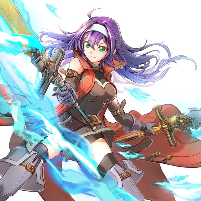 1girl ahoge alondite alternate_costume bare_shoulders black_thighhighs boots breasts clear_glass_(mildmild1311) coat commentary_request commission dual_wielding fire_emblem fire_emblem:_path_of_radiance green_eyes hairband highres holding holding_sword holding_weapon long_hair medium_breasts mia_(fire_emblem) nintendo purple_hair ragnell red_coat simple_background sleeveless sleeveless_coat sword thigh_boots thighhighs weapon white_background white_hairband