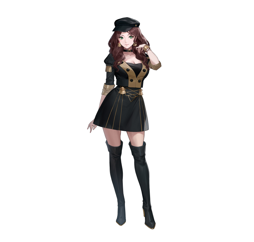 1girl absurdres breasts brown_hair cleavage commentary_request dorothea_arnault earrings ekao fire_emblem fire_emblem:_three_houses fire_emblem_heroes garreg_mach_monastery_uniform green_eyes hat highres jewelry large_breasts long_hair looking_at_viewer nintendo official_art simple_background solo