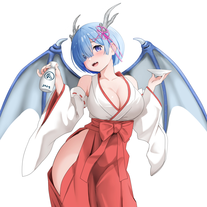 1girl 2024 absurdres alternate_costume blue_eyes blue_hair bottle breasts chinese_zodiac cleavage commentary_request commission dragon_girl dragon_horns dragon_wings female_focus gibun_(sozoshu) hakama highres holding holding_bottle horns japanese_clothes kimono large_breasts looking_at_viewer matching_hair/eyes miko pixiv_commission re:zero_kara_hajimeru_isekai_seikatsu red_hakama rem_(re:zero) revealing_clothes solo wings year_of_the_dragon