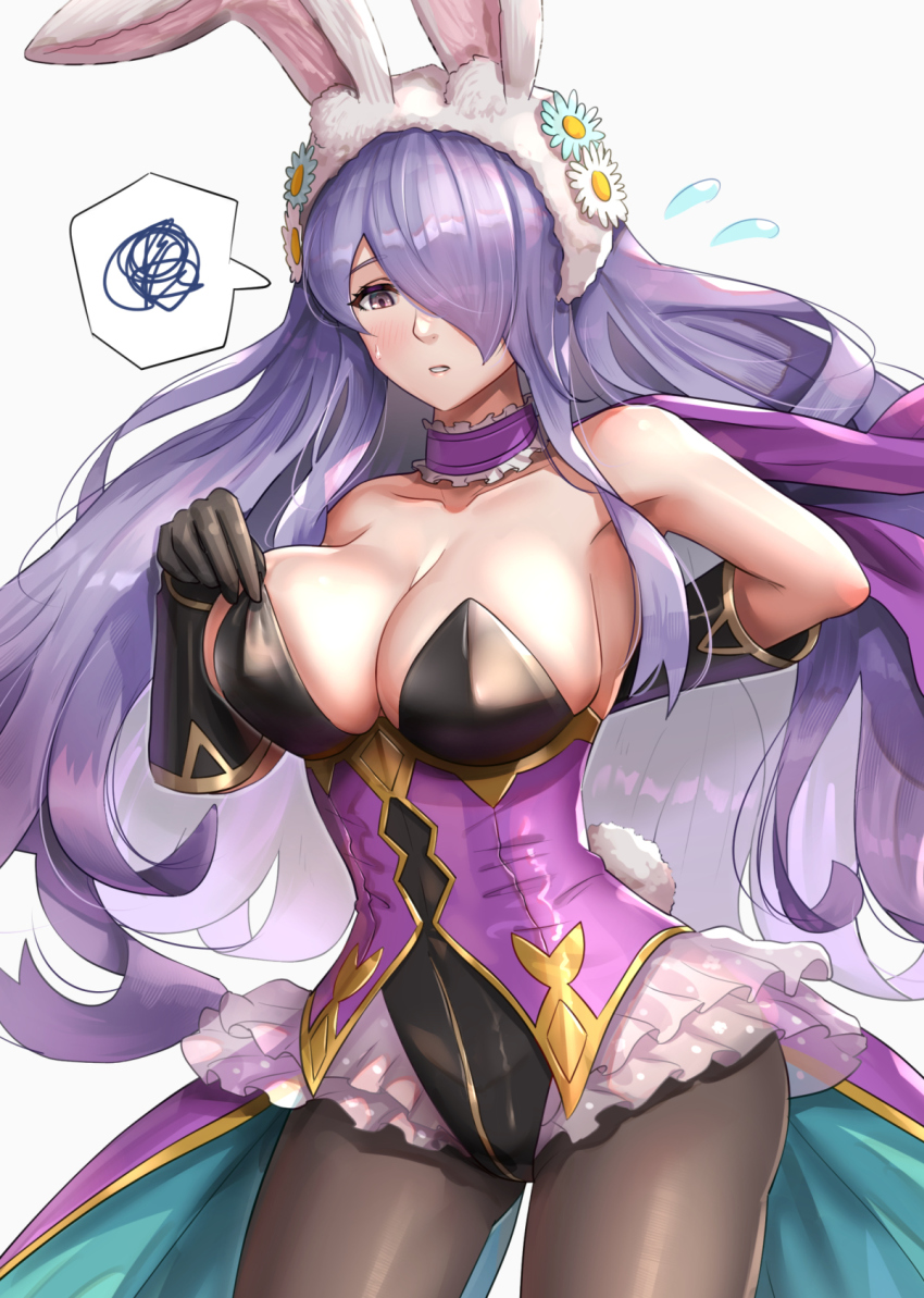 1girl animal_ears bare_shoulders black_gloves breasts camilla_(fire_emblem) camilla_(spring_princess)_(fire_emblem) choker cleavage collarbone cowboy_shot fake_animal_ears fire_emblem fire_emblem_fates flower frilled_choker frills gloves gold_trim gonzarez hair_flower hair_ornament hair_over_one_eye highres large_breasts leotard long_hair nintendo pantyhose playboy_bunny purple_hair rabbit_ears rabbit_tail simple_background solo spoken_squiggle squiggle strapless strapless_leotard tail underbust white_background