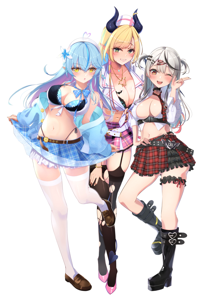 3girls absurdres adapted_costume ahoge american_school_uniform bare_shoulders belt black_bra blonde_hair blue_hair blue_skirt boots bra breast_tattoo breasts checkered_clothes checkered_skirt cleavage crop_top demon_girl demon_horns demon_tail elf full_body garter_straps green_eyes grey_hair gyaru hat heart heart_ahoge high_heels highleg highleg_panties highres hololive horns large_breasts leg_tattoo long_hair looking_at_viewer multiple_girls navel nurse_cap oekaki_zombie panties pointy_ears red_eyes sakamata_chloe sakamata_chloe_(1st_costume) school_uniform shirt side-tie_panties skirt smile tail tattoo thighhighs tied_shirt underwear very_long_hair virtual_youtuber white_thighhighs yukihana_lamy yuzuki_choco zettai_ryouiki