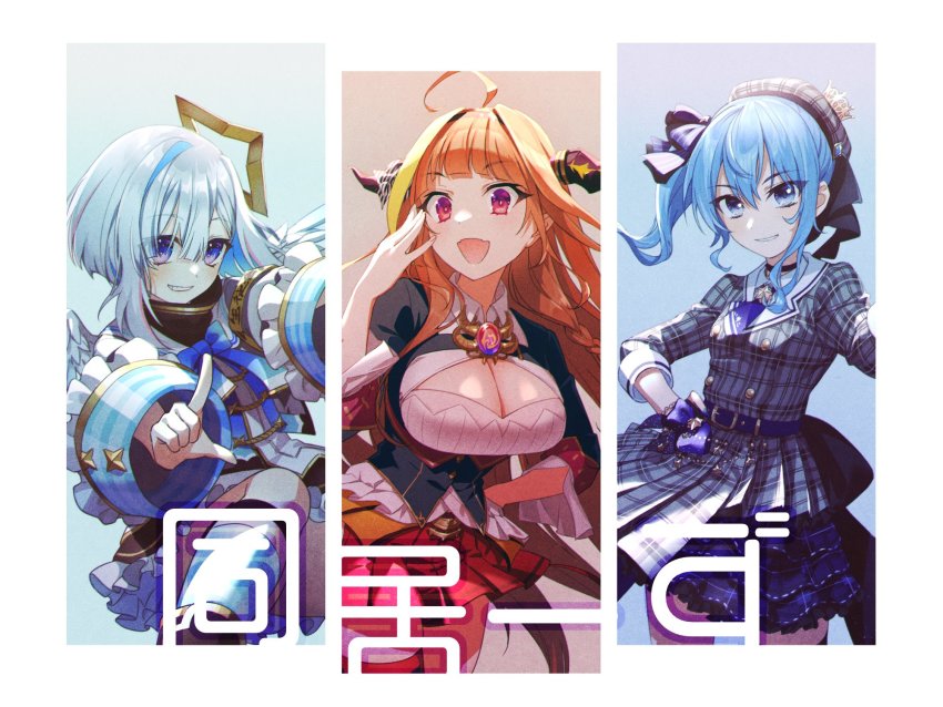 3girls ahoge akabino amane_kanata blue_eyes blue_hair breasts cleavage commentary_request gem hat highres hololive horns hoshimachi_suisei hoshimachi_suisei_(1st_costume) kiryu_coco kiryu_coco_(1st_costume) large_breasts looking_at_viewer multiple_girls open_mouth orange_hair purple_eyes red_eyes short_hair side_ponytail silver_hair virtual_youtuber