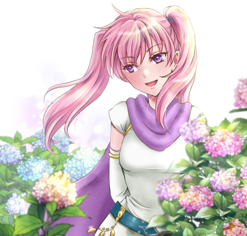 1girl :d arms_behind_back dress elbow_gloves facing_viewer fire_emblem fire_emblem:_the_blazing_blade flower gloves highres long_hair looking_to_the_side nintendo open_mouth pink_hair purple_eyes purple_scarf scarf serra_(fire_emblem) smile solo twintails umehime upper_body white_dress white_gloves