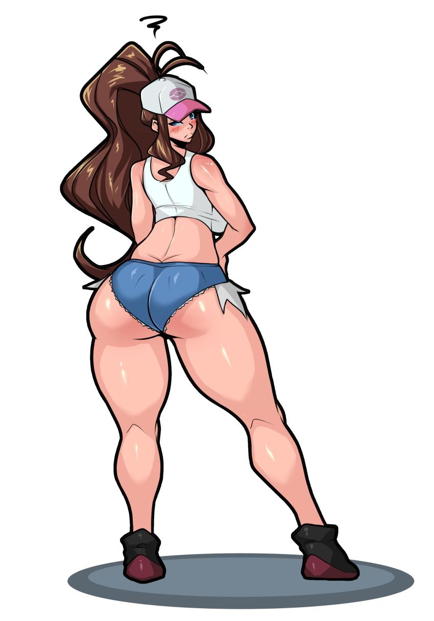 1girl absurdres ass bare_shoulders baseball_cap blue_eyes blush breasts brown_hair butt_crack creatures_(company) cutoffs denim denim_shorts from_behind game_freak hands_on_own_hips hat highres hilda_(pokemon) huge_ass large_breasts long_hair looking_at_viewer looking_back nintendo numbnutus pokemon pokemon_bw ponytail shirt shoes short_shorts shorts sideboob solo tank_top thick_thighs thighs white_background white_shirt