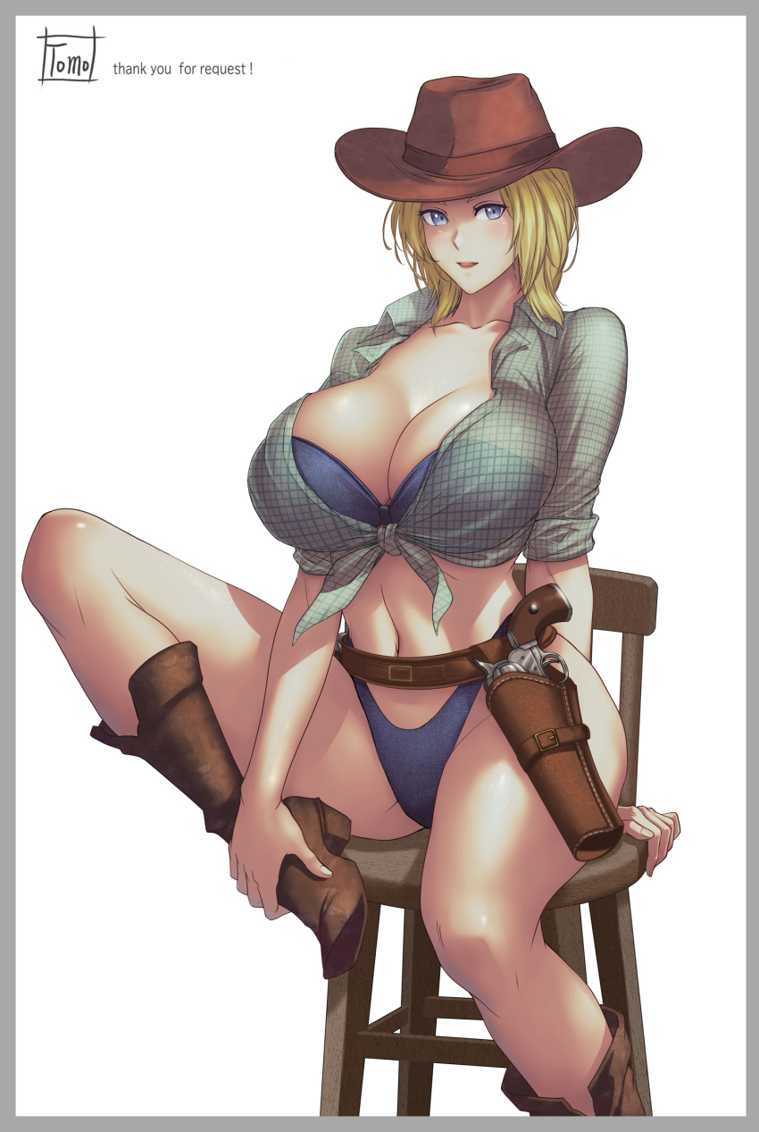 1girl bikini blonde_hair blue_eyes boots breasts cleavage collarbone cowboy_boots cowboy_hat dead_or_alive gun handgun hat highres holster large_breasts navel revolver solo swimsuit tina_armstrong tomo_eokaiteru weapon