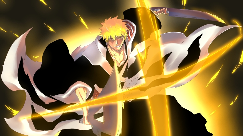 1boy absurdres black_hakama bleach bleach:_sennen_kessen-hen dual_wielding hakama haori highres holding japanese_clothes kurosaki_ichigo long_sleeves orange_hair shikai shinigami solo spiked_hair spokota sword taichou_haori true_zangetsu_(shikai) weapon