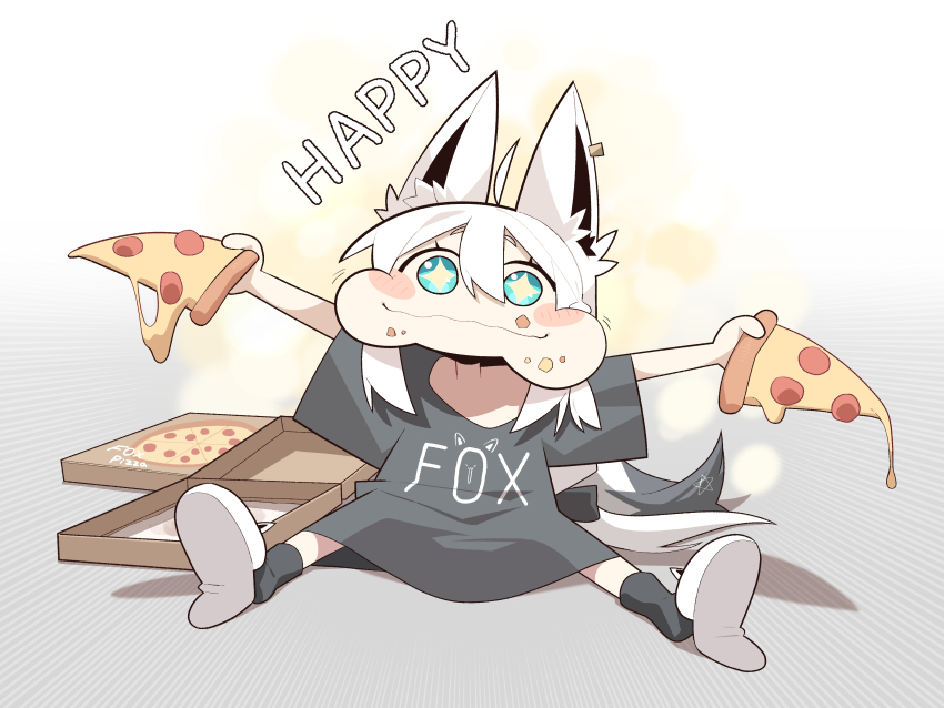 +_+ 1girl absurdres ahoge animal_ears aqua_eyes black_shirt black_socks blush clothes_writing cocomayo29_(tomato) commentary eating food food_on_face fox_ears fox_girl fox_tail highres holding holding_food holding_pizza hololive long_hair looking_at_viewer low-tied_long_hair on_floor pizza pizza_box pizza_slice shirakami_fubuki shirt sitting slippers socks solo symbol-only_commentary tail virtual_youtuber white_slippers