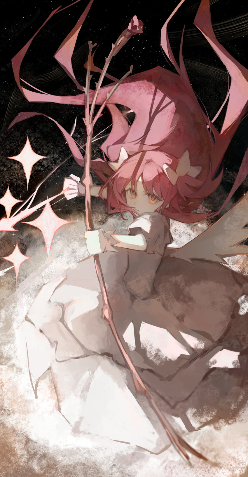 1girl absurdly_long_hair absurdres angel_wings arrow_(projectile) bow bow_(weapon) determined drawing_bow dress energy_arrow eyelashes feathered_wings floating_hair full_body gloves gown hair_bow highres holding holding_arrow holding_bow_(weapon) holding_weapon kaname_madoka lch light_particles long_dress long_hair looking_at_viewer mahou_shoujo_madoka_magica mahou_shoujo_madoka_magica_(anime) night night_sky outdoors parted_lips pink_hair puffy_short_sleeves puffy_sleeves short_sleeves sky solo sparkle standing two_side_up ultimate_madoka very_long_hair weapon white_bow white_dress white_gloves white_wings wings yellow_eyes