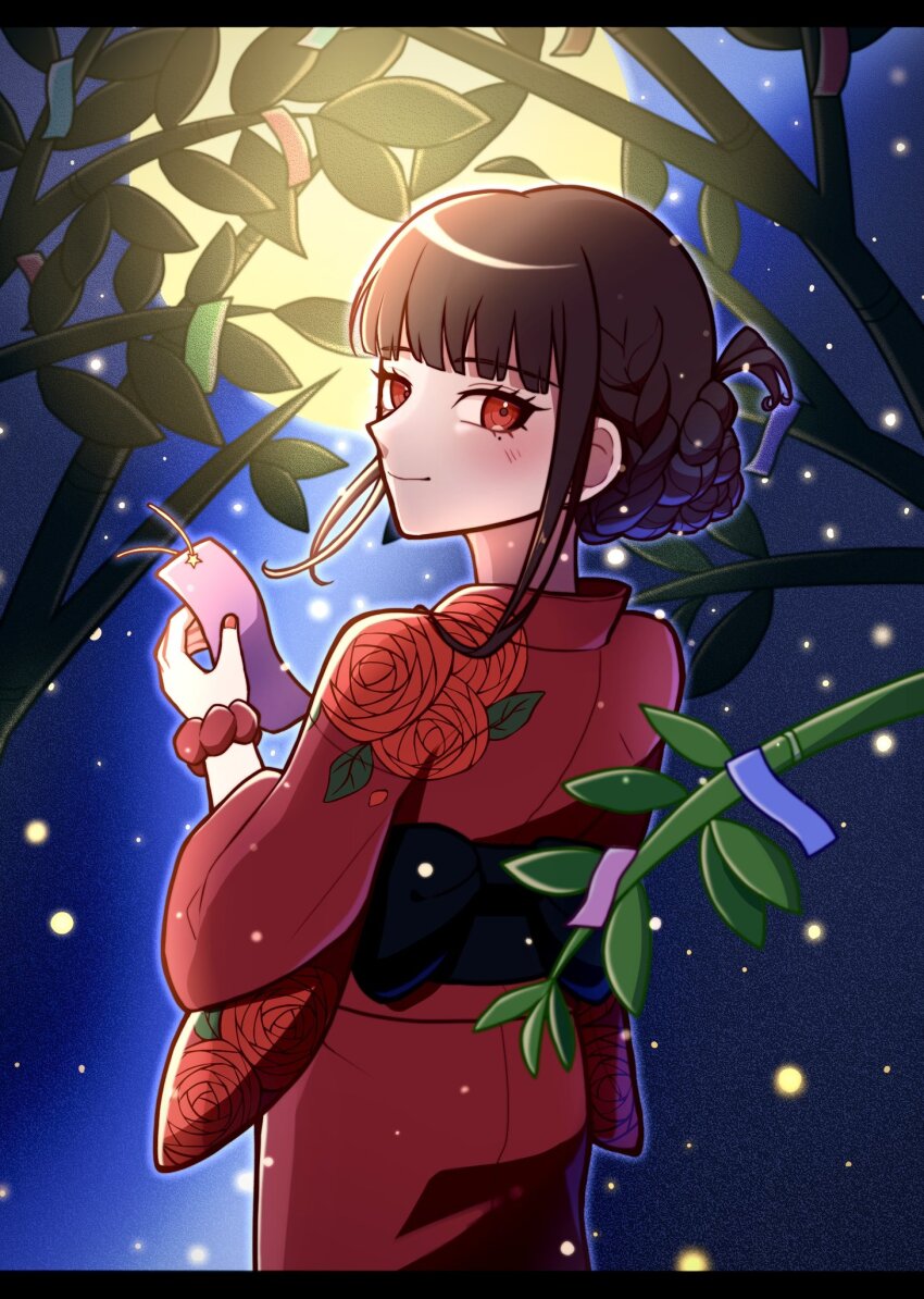 1girl alternate_costume alternate_hairstyle bamboo black_border blush border braid danganronpa_(series) danganronpa_v3:_killing_harmony floral_print from_behind hand_up harukawa_maki highres holding japanese_clothes kimono kirin_(suzoke_1) looking_back mole mole_under_eye moon night obi outdoors print_kimono red_eyes red_kimono red_nails revision rose_print sash scrunchie smile standing wrist_scrunchie