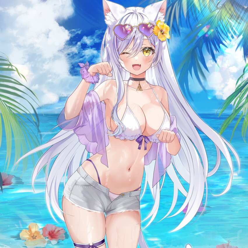 1girl ;d absurdres animal_ear_fluff animal_ears armpits bare_shoulders bikini black_choker breasts cat_ears choker cleavage cowboy_shot cutoffs day eyewear_on_head fang flower frilled_bikini frills front-tie_bikini_top front-tie_top grey_shorts hair_between_eyes hair_flower hair_ornament halterneck hand_up heart heart-shaped_eyewear highleg highleg_bikini highres kamishiro_kurea large_breasts long_hair looking_at_viewer motsunuki navel ocean off_shoulder one_eye_closed open_clothes open_fly open_mouth otogi_resurrection outdoors paw_pose scrunchie second-party_source see-through_clothes short_shorts shorts smile solo standing stomach string_bikini sunglasses swimsuit thigh_strap thighs tinted_eyewear very_long_hair virtual_youtuber wet white_bikini white_hair wrist_scrunchie yellow_eyes