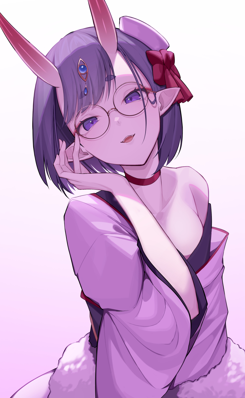 1girl absurdres adjusting_eyewear bob_cut bow eyeliner fangs gamangajo glasses hand_up hat head_tilt headpiece highres hikimayu horns japanese_clothes kimono makeup mini_hat neck_ribbon obi open_mouth pink_kimono pointy_ears purple_eyes ribbon sash shuten_douji_(fate) skin-covered_horns teeth upper_teeth_only