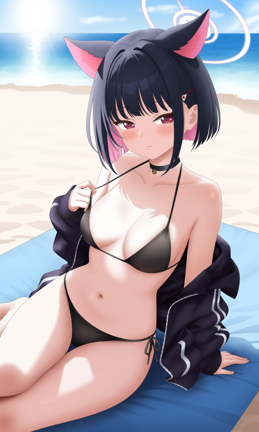 1girl absurdres animal_ear_fluff animal_ears beach beach_towel bikini black_bikini black_choker black_hair black_jacket blue_archive blue_sky breasts cat_ears choker cloud colored_inner_hair crat2222 day halo highres jacket kazusa_(blue_archive) medium_breasts multicolored_hair navel ocean off_shoulder outdoors pink_eyes pink_hair short_hair sitting sky solo stomach sunlight swimsuit towel two-tone_hair