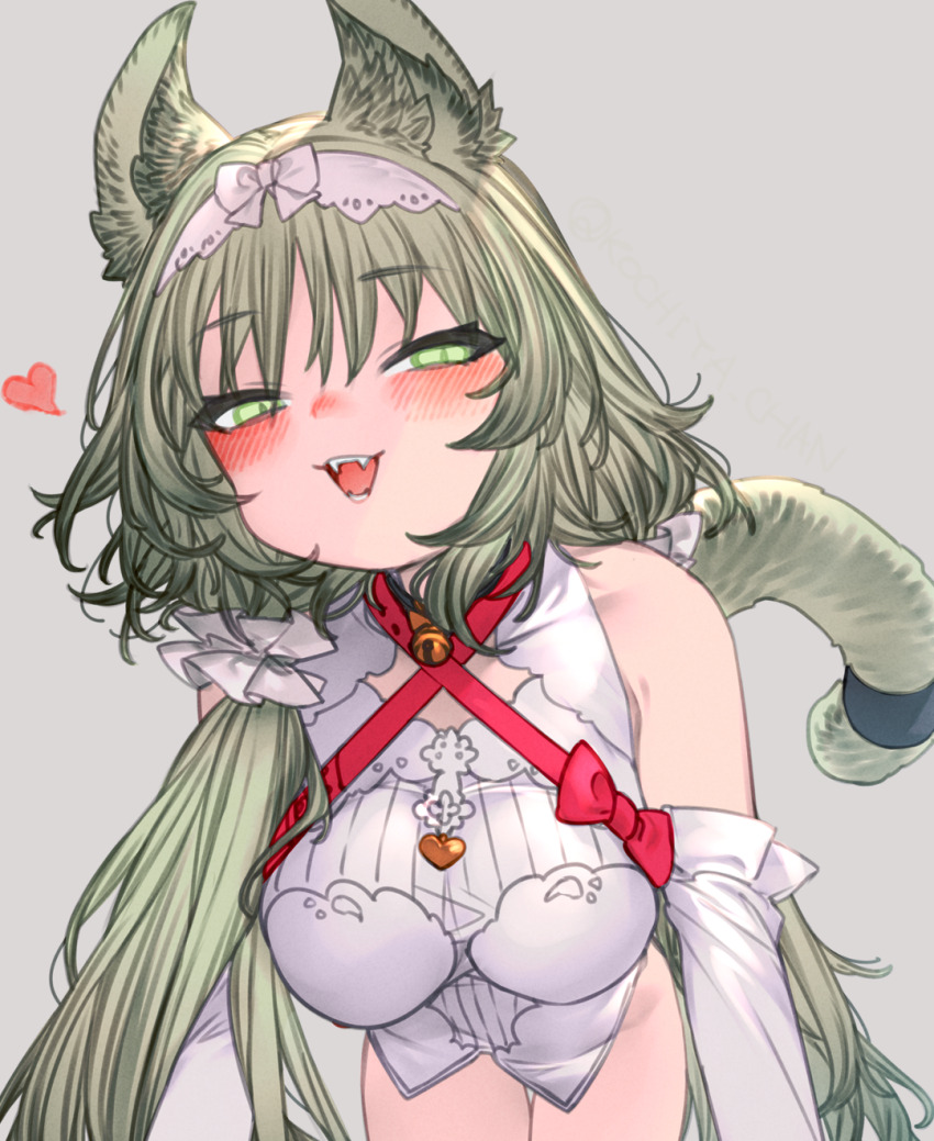 1girl :d animal_ears arknights bare_shoulders blush breasts cat_ears cat_tail detached_sleeves fangs green_eyes green_hair grey_background harmonie_(arknights) heart highres kochiya_(gothope) long_hair looking_at_viewer medium_breasts open_mouth simple_background smile solo tail teeth very_long_hair