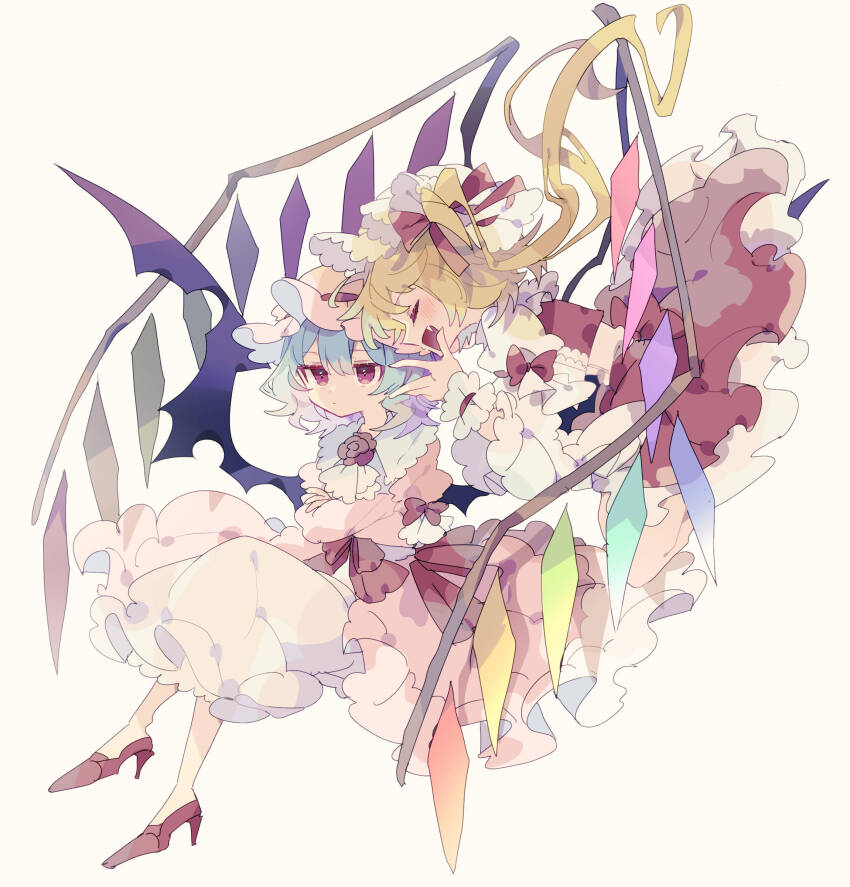 2girls absurdres bat_wings blonde_hair blue_hair closed_eyes crossed_arms crystal crystal_wings dress fang flandre_scarlet frilled_dress frills full_body hat hat_ribbon highres mob_cap multiple_girls nikorashi-ka open_mouth pink_dress pink_hat puffy_short_sleeves puffy_sleeves red_dress red_eyes red_footwear red_ribbon remilia_scarlet ribbon short_hair short_sleeves siblings simple_background sisters sitting touhou white_background wings wrist_cuffs