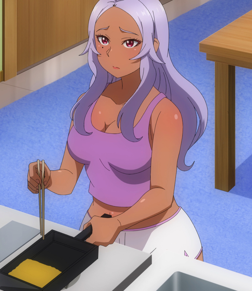 absurdres anime_screenshot breasts chopsticks cleavage closed_mouth cowboy_shot dark_skin elf-san_wa_yaserarenai. frying_pan highres holding holding_chopsticks indoors kuroeda_(elf-san_wa_yaserarenai.) long_hair mole mole_under_eye pink_eyes purple_hair purple_shirt shirt short_shorts shorts sleeveless sleeveless_shirt stitched tank_top third-party_edit white_shorts