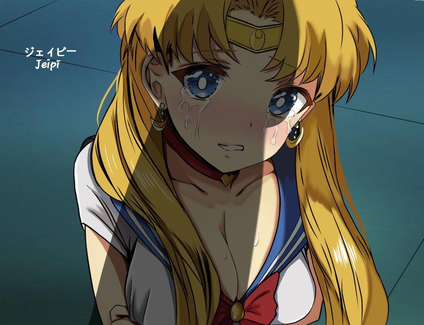 1girl bad_id bad_pixiv_id bishoujo_senshi_sailor_moon bishoujo_senshi_sailor_moon_s blonde_hair blue_eyes blue_sailor_collar blush bow breasts choker circlet cleavage crescent crescent_earrings crying derivative_work diadem earrings heart heart_choker highres jewelry john_mangalile large_breasts long_hair looking_at_penis meme nose_blush parted_bangs parted_lips penis_shadow red_bow red_choker sailor_collar sailor_moon sailor_moon_redraw_challenge_(meme) sailor_senshi sailor_senshi_uniform screenshot_redraw shadow solo tears tsukino_usagi twintails upper_body