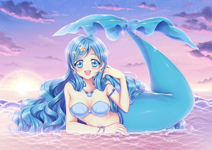 1girl :d arm_support bare_shoulders blue_eyes blue_hair blush bracelet breasts cleavage cloud collarbone commentary_request earrings full_body glint gradient_sky hair_ornament hand_up highres houshou_hanon houshou_hanon_(mermaid) jewelry lens_flare long_hair looking_at_viewer lying medium_breasts mermaid mermaid_melody_pichi_pichi_pitch monster_girl necklace ocean on_stomach open_mouth outdoors pearl_bracelet pearl_necklace shell shell_bikini shell_necklace shirato_sayuri sidelocks signature sky smile solo star_(symbol) star_earrings star_hair_ornament stomach sunset tail tail_ornament tail_raised teeth upper_teeth_only very_long_hair wavy_hair