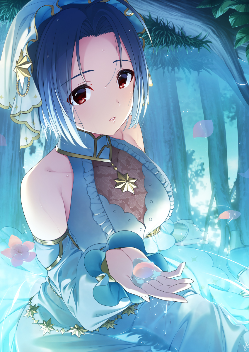 1girl absurdres bare_shoulders blue_hair breasts highres idolmaster idolmaster_(classic) large_breasts long_hair mikapoe miura_azusa red_eyes skirt