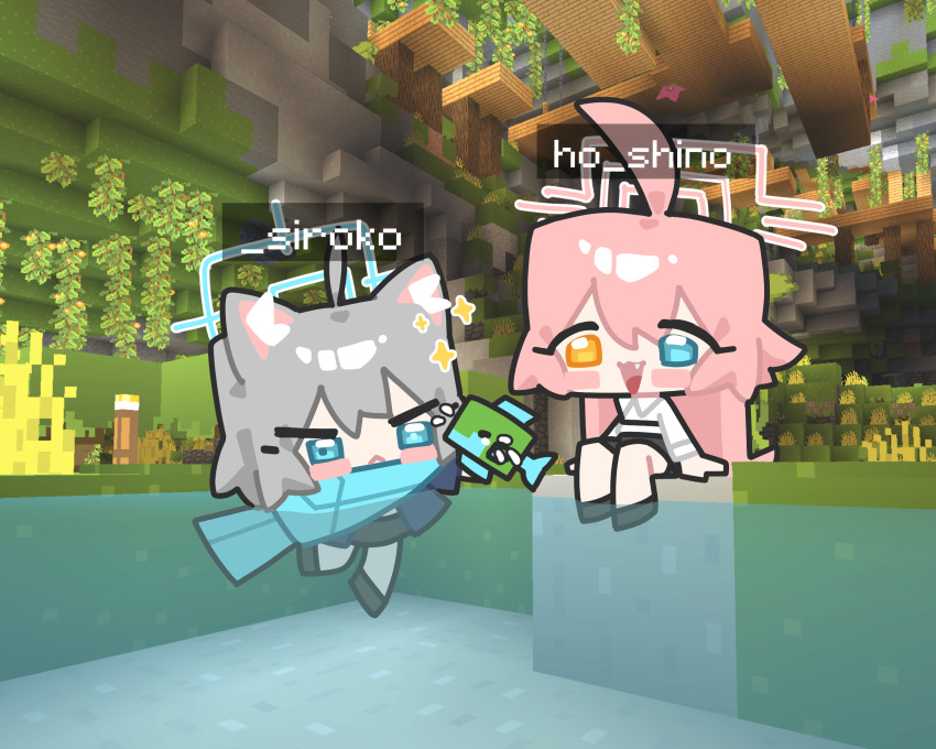 2girls :3 :d ahoge animal black_footwear black_skirt blue_archive blue_eyes blue_halo blue_jacket blush_stickers cave_interior character_name chibi chibi_only closed_mouth collared_shirt fang fish frown game_screenshot_background grey_hair hair_between_eyes halo heterochromia highres holding holding_animal holding_fish hoshino_(blue_archive) huge_ahoge ishikoro24 jacket long_hair long_sleeves medium_hair minecraft multiple_girls open_mouth orange_eyes pink_hair plant screenshot_background shiroko_(blue_archive) shirt sitting skirt smile sparkling_aura swimming torch v-shaped_eyebrows vines water white_shirt