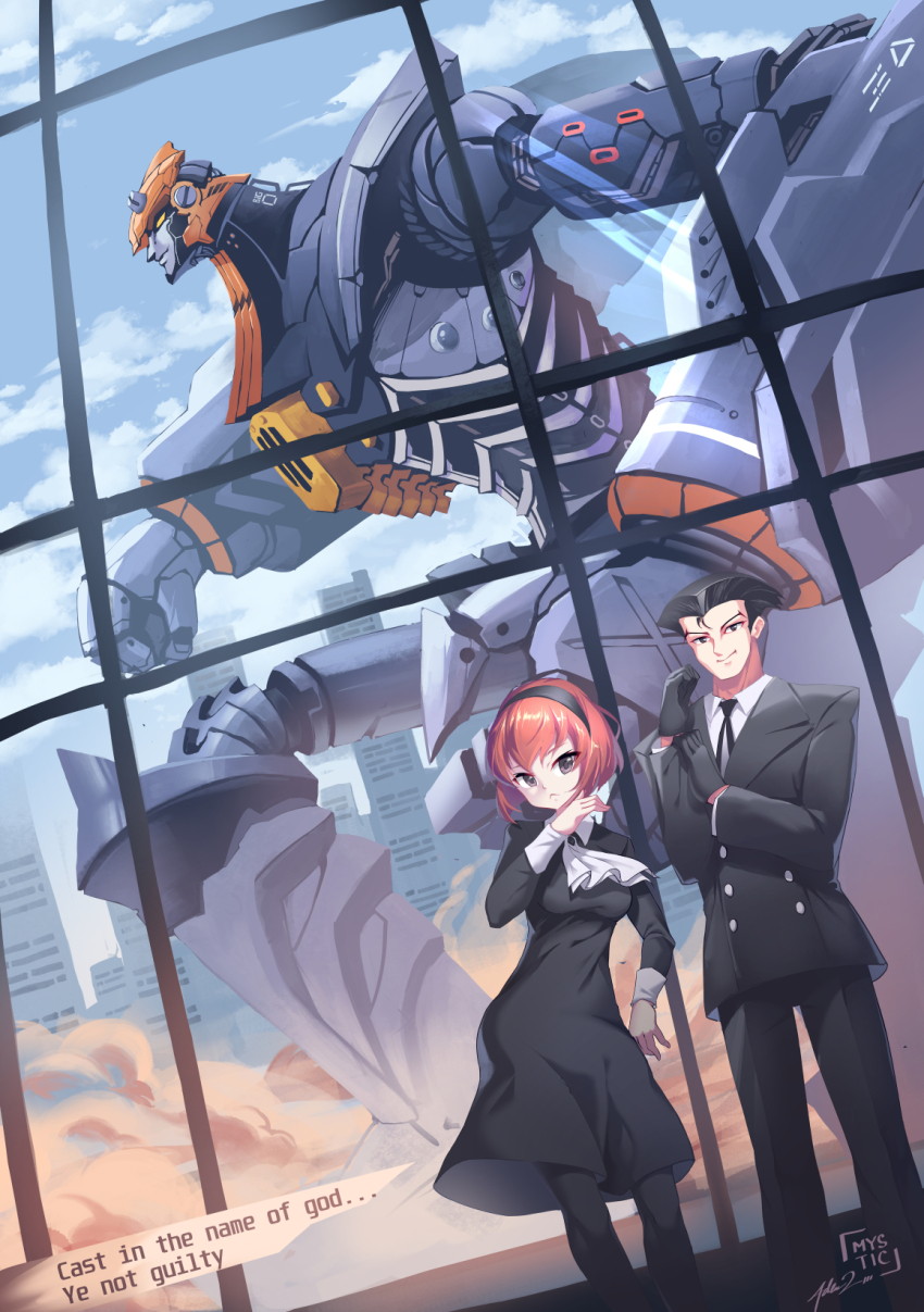 1boy 1girl ascot big_o_(mecha) black_dress black_gloves black_hair black_hairband black_necktie black_pants black_pantyhose building closed_mouth dress dust english_text gloves grey_eyes hairband highres long_sleeves looking_at_viewer mecha mystic-san necktie pants pantyhose r_dorothy_wayneright red_hair robot roger_smith short_hair skyscraper smile the_big_o white_ascot window