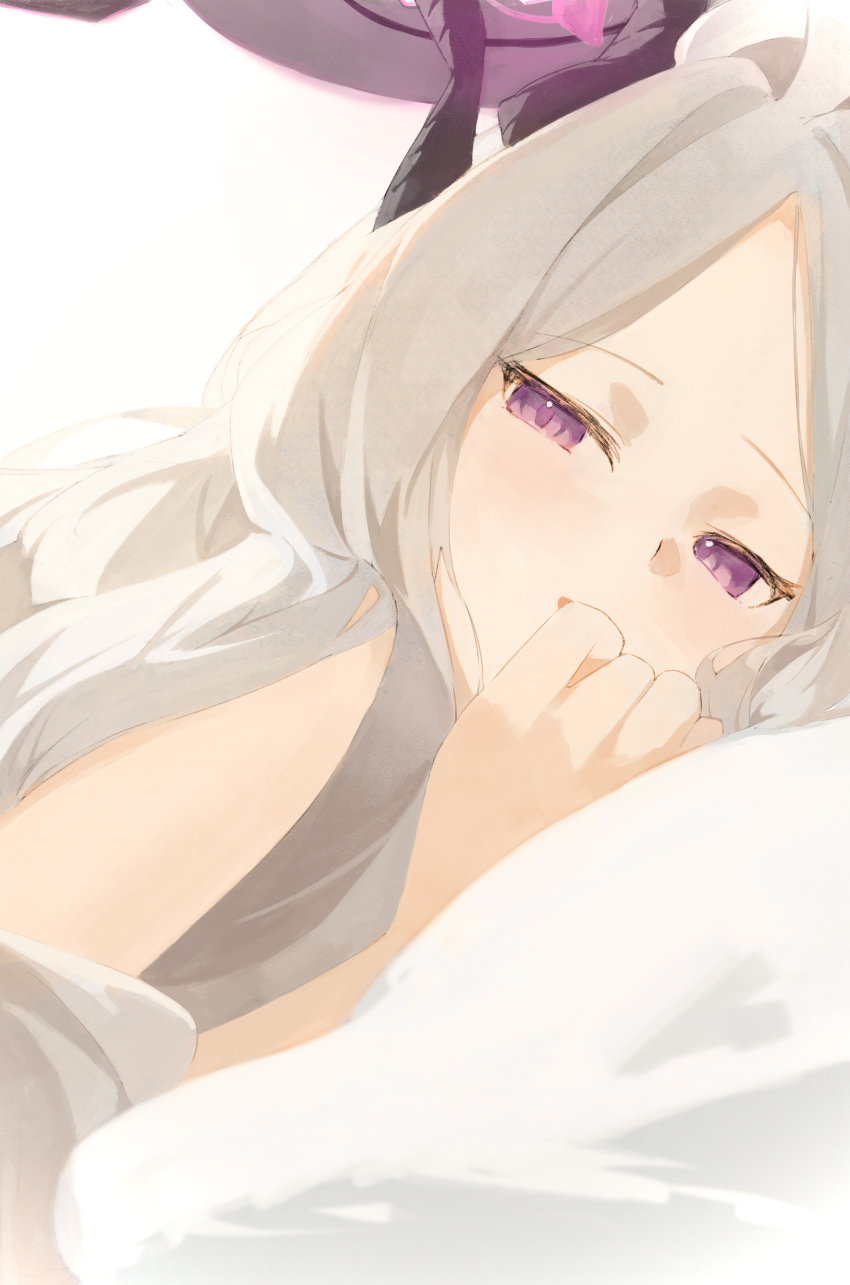 1girl absurdres bare_shoulders blue_archive demon_horns finger_in_own_mouth forehead head_on_pillow highres hina_(blue_archive) horns long_hair looking_at_viewer pop88715091pop purple_eyes white_hair