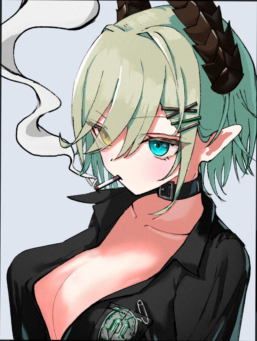 1girl belt belt_collar black_belt black_horns black_shirt blue_eyes blush bobby_pin breasts cigarette cleavage collar collared_shirt commentary_request demon_girl demon_horns expressionless eyes_visible_through_hair grey_background hair_between_eyes hair_ornament hair_over_one_eye hairclip heterochromia highres horns large_breasts long_bangs looking_afar nanashi_inc. open_clothes open_shirt pointy_ears sekishiro_mico shirt short_hair simple_background smoke smoking solo upper_body virtual_youtuber wasabifu x_hair_ornament yellow_eyes