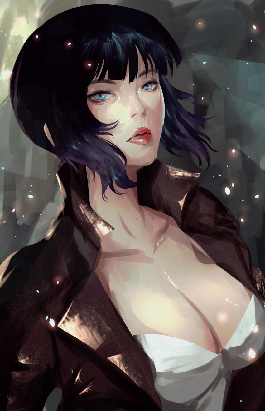 1girl absurdres black_hair blue_eyes breasts brown_jacket ghost_in_the_shell highres jacket kusanagi_motoko leotard looking_at_viewer medium_breasts open_clothes open_jacket portrait short_hair solo strapless strapless_leotard uliel white_leotard