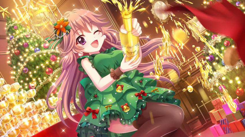 1girl ;d alcohol bell blurry blurry_foreground bottle bow breasts brown_thighhighs brown_wrist_cuffs champagne champagne_bottle chandelier christmas christmas_ornaments christmas_tree cloth cup dot_nose dress drinking_glass dutch_angle earrings film_grain fireplace flower frilled_dress frills game_cg gift green_dress haeno_akari hair_flower hair_ornament holding holding_bottle indoors izumi_tsubasu jewelry large_breasts long_hair looking_at_viewer mirror non-web_source official_art one_eye_closed open_mouth orange_hair picture_frame purple_eyes re:stage! red_bow red_flower smile solo sparkle splashing standing standing_on_one_leg tablecloth thighhighs tinsel two_side_up wrist_cuffs