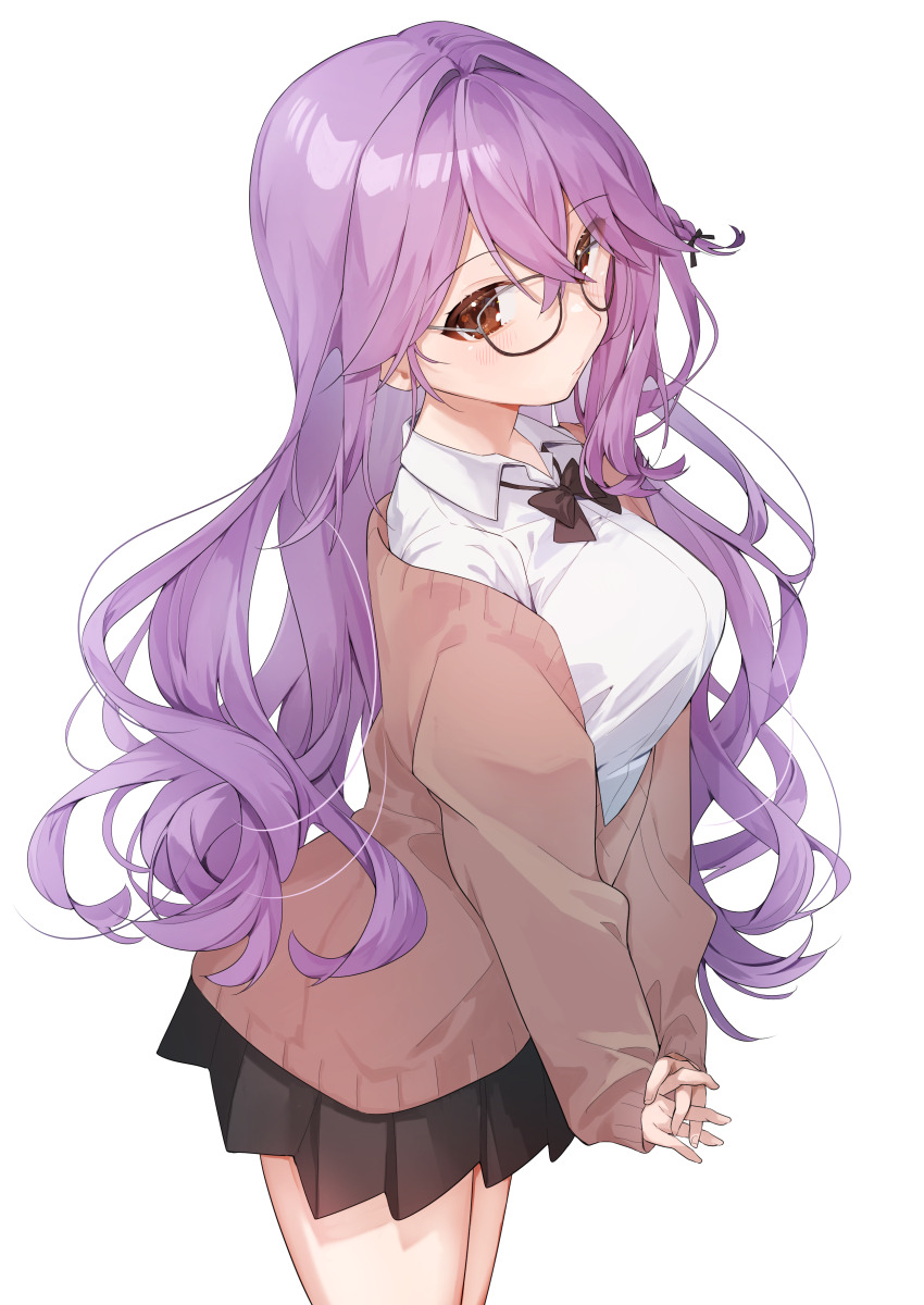 1girl absurdres black-framed_eyewear black_skirt blush breasts brown_eyes brown_ribbon collared_shirt crossed_fingers eme_(emeralda) highres large_breasts long_hair long_sleeves looking_at_viewer neck_ribbon off_shoulder original purple_hair ribbon shirt simple_background skirt solo sweater white_background white_shirt