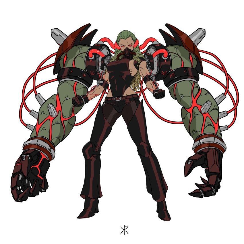 absurdres apoloniodraws armored_boots belt ben_10 blood_vessels boots commission genderswap genderswap_(mtf) green_hair highres leotard looking_at_viewer mask mechanical_arms muscular muscular_female pantyhose red_eyes shorts simple_background solo vilgax weapon weapon_on_back white_background