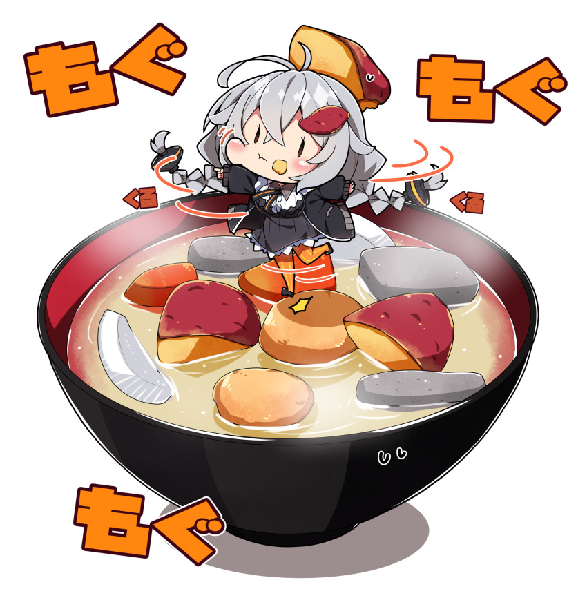 1girl absurdres antenna_hair black_dress black_footwear black_jacket blush bowl braid breasts closed_mouth collared_shirt dress eating food food-themed_hair_ornament food_on_face grey_hair hair_between_eyes hair_ornament highres jacket kizuna_akari large_breasts long_hair long_sleeves milkpanda mini_person minigirl open_clothes open_jacket orange_pantyhose pantyhose shirt shoes simple_background solo soup striped_clothes striped_pantyhose twin_braids vertical-striped_clothes vertical-striped_pantyhose voiceroid white_background white_shirt