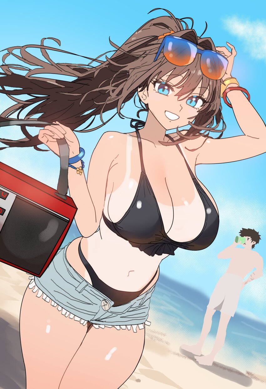 1boy 1girl absurdres aozaki_aoko bare_shoulders beach bikini black_bikini blue_eyes blue_shorts blush breasts brown_hair cleavage ebora grin hair_intakes highres large_breasts long_hair looking_at_viewer mahou_tsukai_no_yoru male_swimwear navel one-piece_tan shizuki_soujuurou shore short_hair short_shorts shorts sidelocks smile solo_focus sunglasses swim_trunks swimsuit tan tanline thighs white_shorts