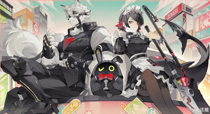 1boy 1girl absurdres bangboo_(zenless_zone_zero) bara black_hair breasts chest_tuft cup ellen_joe fins fish_tail furry furry_male highres holding holding_cup holding_weapon large_pectorals long_hair looking_at_viewer maid mole mole_under_eye muscular muscular_male pectorals scar scar_on_tail shark_girl shark_tail side-by-side sitting tail von_lycaon weapon white_fur yaoyaore zenless_zone_zero