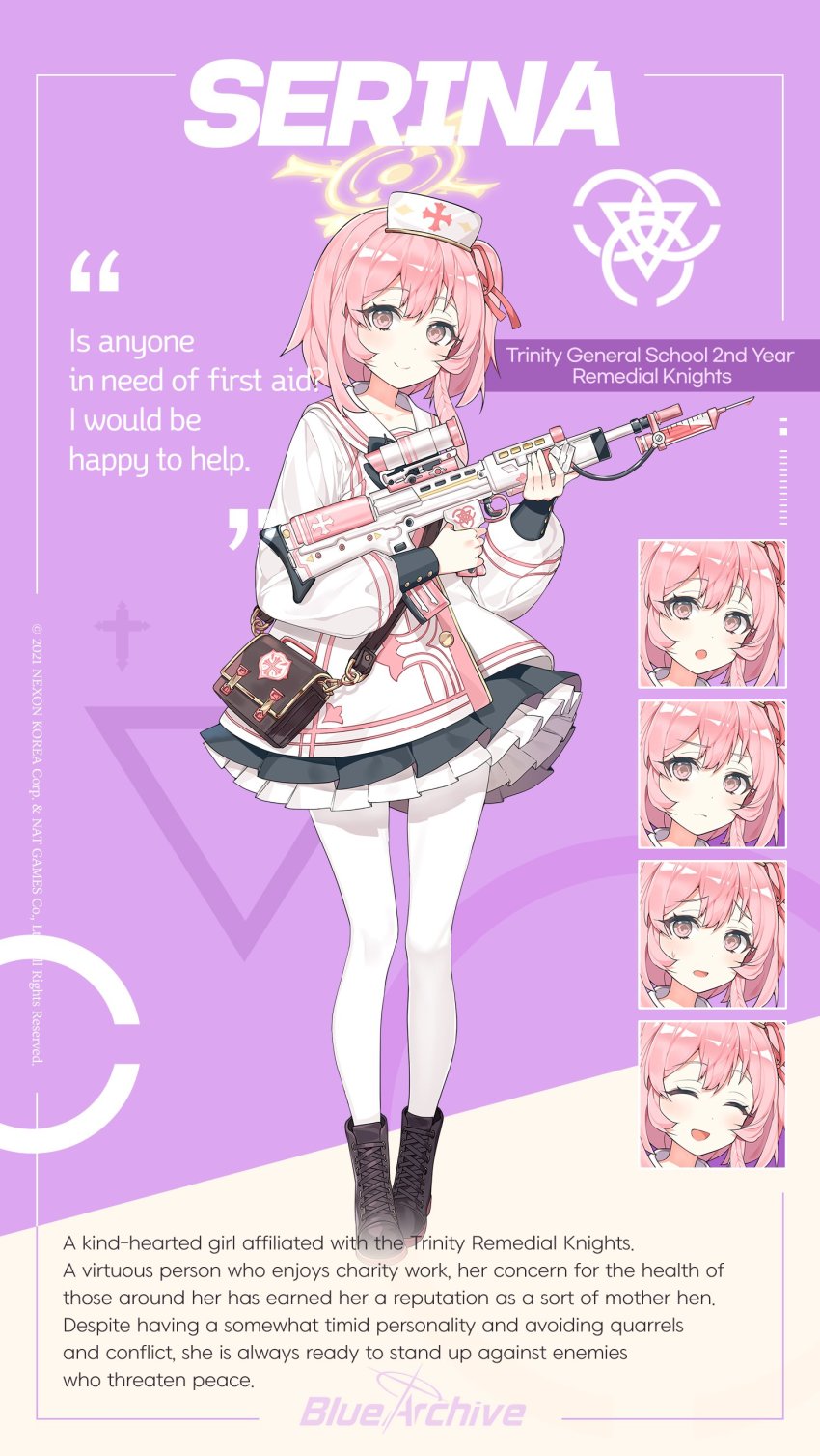 1girl absurdres assault_rifle bag blue_archive boots bullpup character_name reference_sheet english_text full_body gun halo handbag highres holding holding_gun holding_weapon jacket l85 official_art one_side_up pantyhose pink_eyes pink_hair pleated_skirt rifle ronopu school_uniform scope serafuku serina_(blue_archive) skirt smile solo standing weapon white_pantyhose