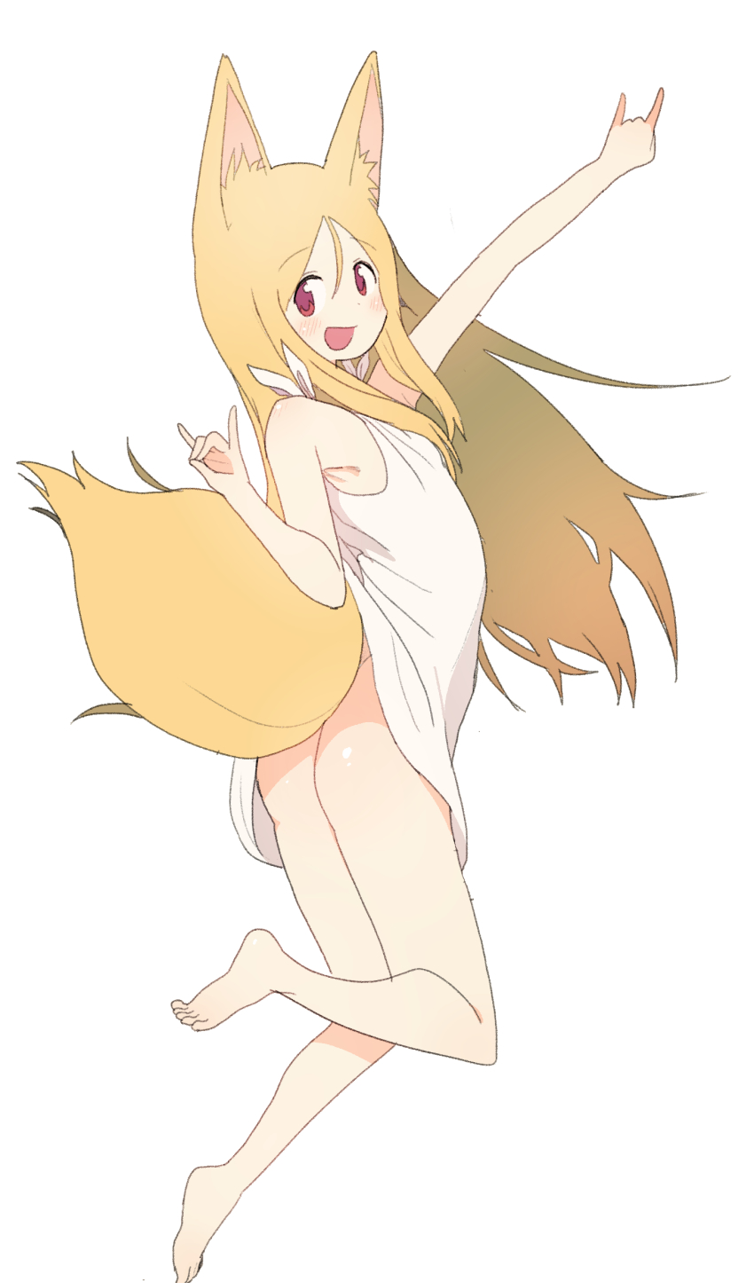 1girl absurdres animal_ears ass barefoot blonde_hair bottomless bural_chingu dress fox_ears fox_girl fox_shadow_puppet fox_tail full_body hair_between_eyes highres lee_ji-min long_hair looking_at_viewer looking_back luke_(dydansgur) red_eyes simple_background smile solo sundress tail white_background