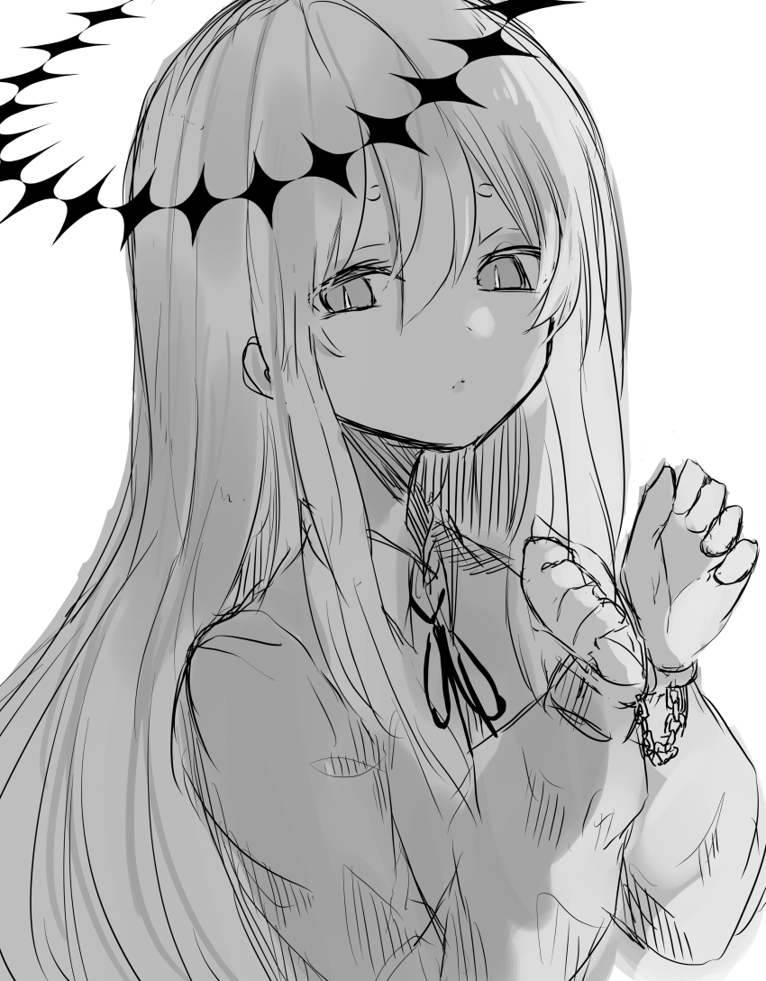 1girl absurdres chain closed_mouth collared_shirt cuffs dress_shirt gekiyaku greyscale hair_between_eyes handcuffs highres long_hair long_sleeves looking_at_viewer monochrome neck_ribbon poono puffy_long_sleeves puffy_sleeves ribbon shirt short_eyebrows simple_background sketch solo thick_eyebrows upper_body utau very_long_hair white_background