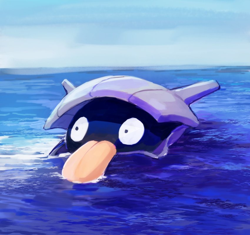 creatures_(company) day game_freak gen_1_pokemon highres karamomo nintendo no_humans ocean outdoors partially_submerged pokemon pokemon_(creature) shellder sky solo tongue water