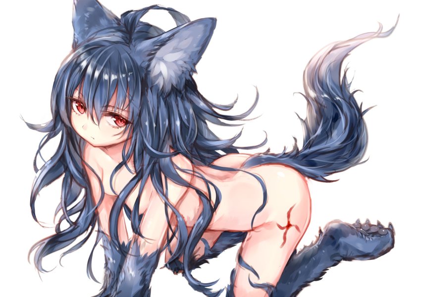 1girl ahoge all_fours animal_ear_fluff animal_ears animal_hands bent_over blue_hair breasts claws closed_mouth commentary_request female_focus fenrir_(shingeki_no_bahamut) fur granblue_fantasy hair_between_eyes hair_over_breasts highres long_hair looking_at_viewer nude red_eyes shingeki_no_bahamut sidelocks simple_background sketch slit_pupils small_breasts solo sukemyon tail tattoo very_long_hair white_background wolf_ears wolf_tail