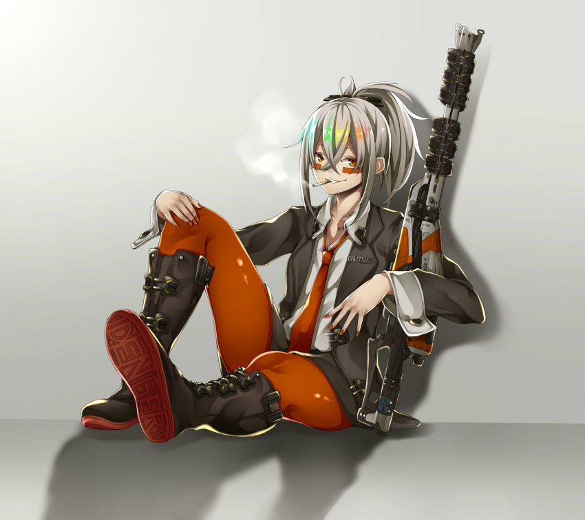 1girl androgynous black_footwear black_jacket blonde_hair blouse blue_eyes blue_hair boots cigarette collarbone destiny_(game) e_draw_paint facepaint female_focus full_body green_eyes green_hair grey_background gun hair_between_eyes hand_on_own_knee hand_up highres holding holding_gun holding_weapon icebreaker_(destiny) jacket knee_boots knee_up leggings long_sleeves looking_at_viewer loose_necktie mouth_hold multicolored_eyes multicolored_hair nail_polish necktie open_clothes open_jacket orange_eyes orange_hair orange_leggings orange_nails orange_necktie personification ponytail red_eyes red_hair rifle shadow shiny_clothes shirt short_ponytail silver_hair sitting smile smoke smoking sniper_rifle solo suit_jacket tattoo unbuttoned unbuttoned_shirt weapon white_shirt yellow_eyes